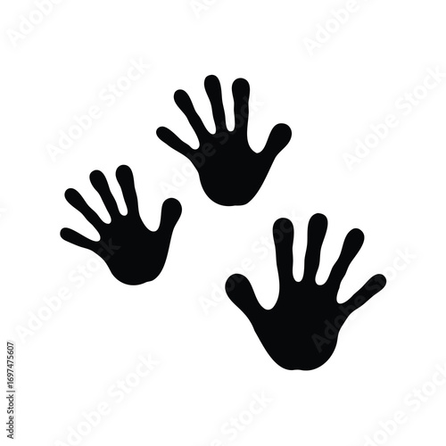 Black handprints in varying sizes scattered across a white background convey movement