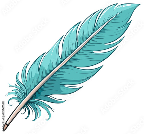 Detailed illustration of a teal-colored feather in a cartoon style