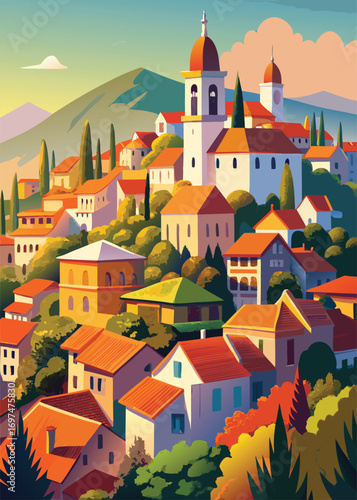 Vector illustration of a colorful town with buildings and trees