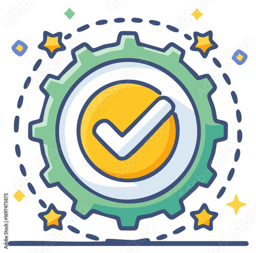 Vibrant Gear Circle with Check Mark and Stars Symbolizing Success and Verification Process