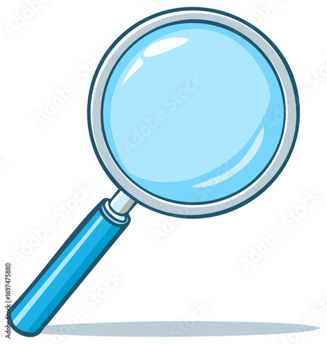 Cartoon magnifying glass with blue handle examining something out of view