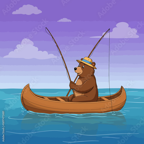 A bear wearing a hat fishing in a canoe on a serene lake under a colorful sunset sky