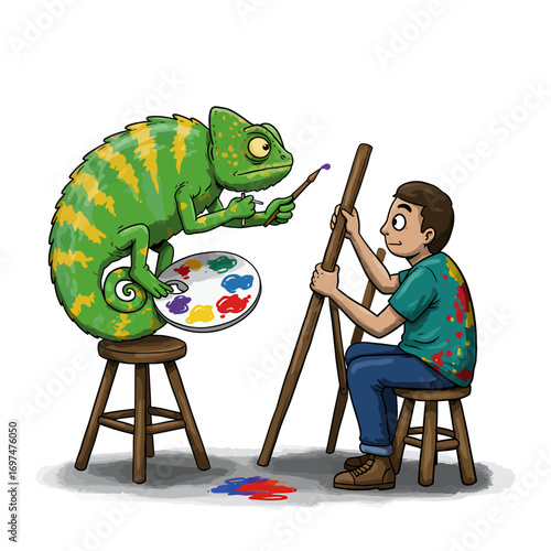 A chameleon artist paints on a canvas while a boy observes, colorful palette in a bright studio