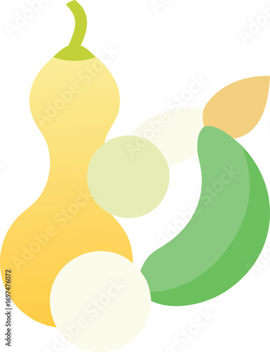 Abstract modern icon of bottle gourd + french bean fusion, soft rounded corners, minimal color.