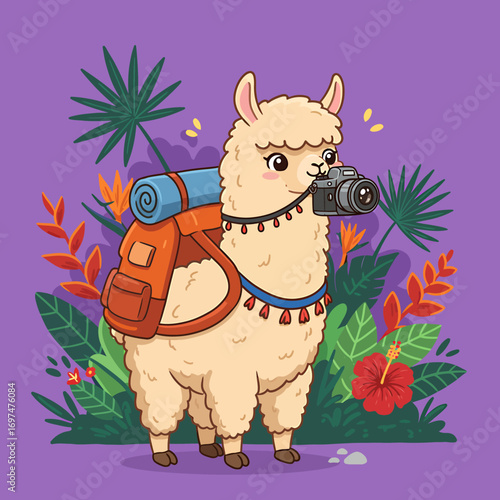 A cheerful alpaca carrying a camera and backpack amidst vibrant tropical foliage, ready for adventure