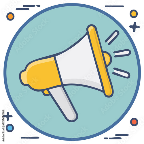 Flat design illustration of a megaphone with sound waves emanating from the horn against a teal circular background