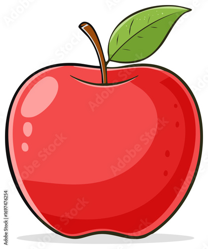 Cartoon style red apple with green leaf isolated