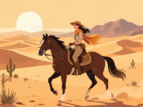 Flat Design of Adventurer Riding Horse Across Desert Landscape - Flat 2D Vector Illustration