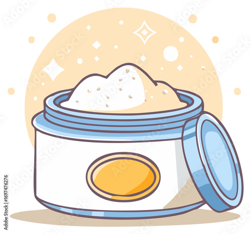 Cosmetic Cream Jar Container with Open Lid Illustration, Skincare Product in Cute Packaging with Shine Effects