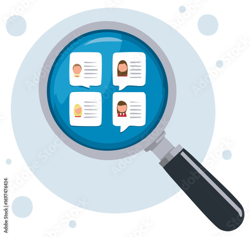 Magnifying glass with four profile icons for candidate search or recruitment.