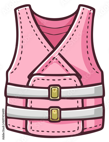 Cartoon pink life vest with straps and buckles for water safety and buoyancy