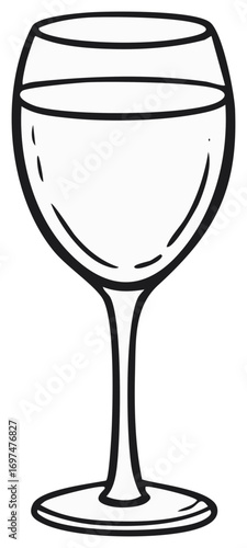 Black and white line art of a wine glass filled with liquid, drawing.