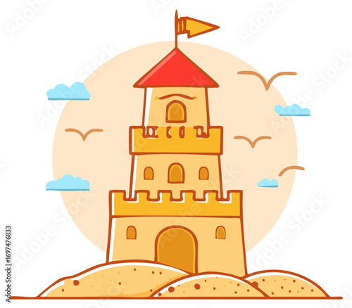 Cartoon sandcastle with red roof and flag on a sandy beach with clouds and birds