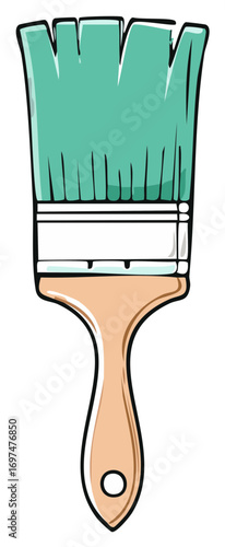 Vector illustration of a teal paintbrush with a wooden handle on a white background