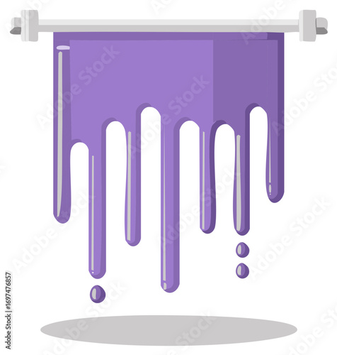 Purple paint dripping from a suspended bar with drops of various sizes