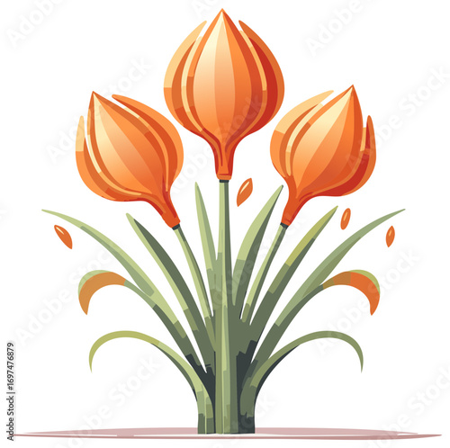 Three Vibrant Orange Flower Buds with Green Foliage Illustration