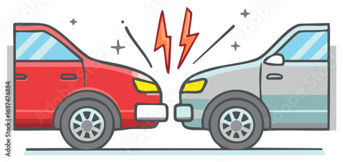 Cartoon Vehicle Accident Collision of Two Cars with Spark Effects for Safety Illustration