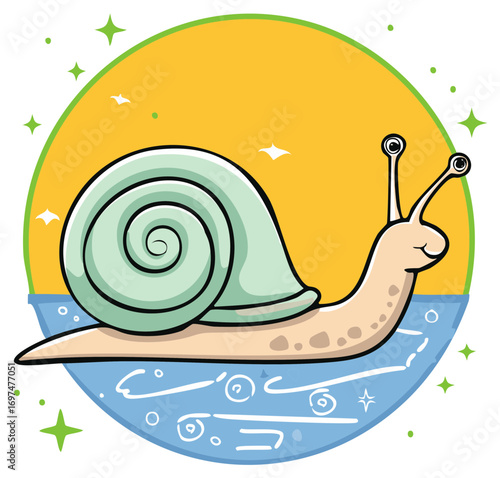 Happy cartoon snail with big spiral shell moving through blue water under sunny yellow sky
