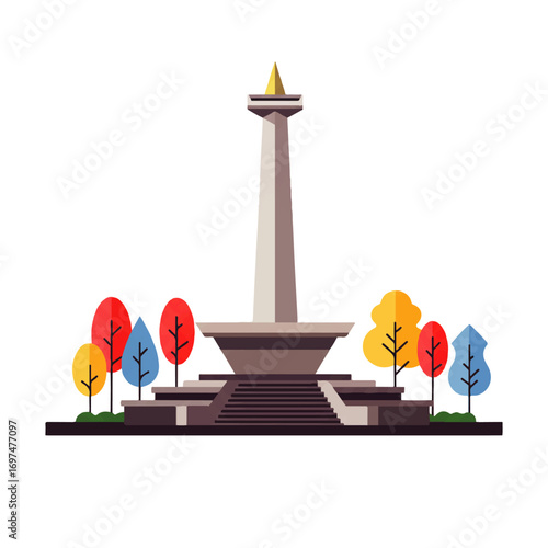 Illustration of the National Monument (Monas) in Jakarta, Indonesia, surrounded by stylized trees with colorful foliage.