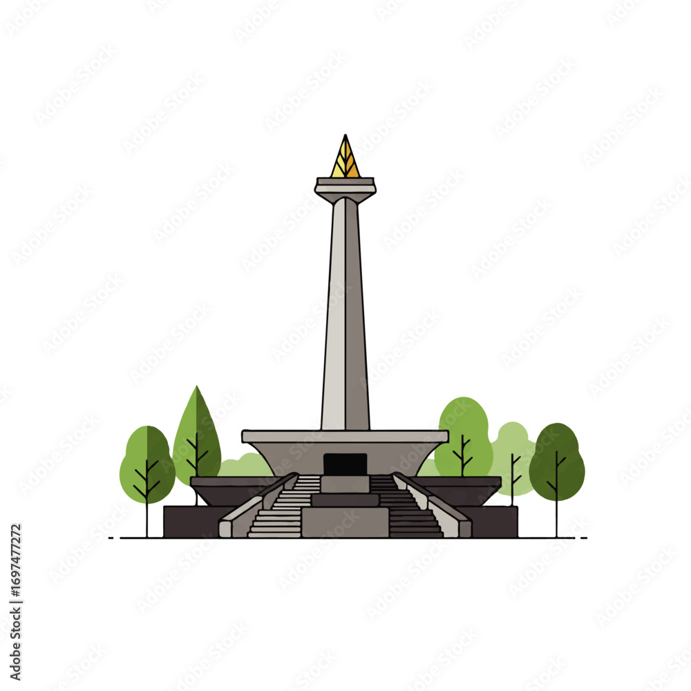 Fototapeta premium Illustration of the Monas monument in Jakarta, Indonesia, surrounded by trees and a staircase leading up to its base.