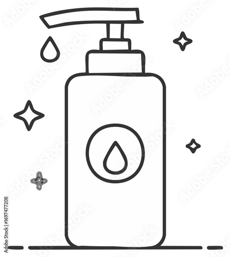 Outline doodle of a hand sanitizer pump bottle with liquid drop and sparkling cleanliness