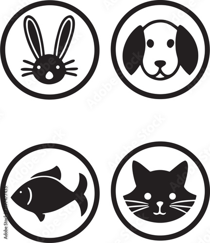 Four circular animal icons featuring rabbit dog fish and cat faces