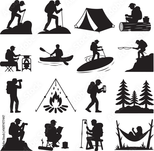 Hiking and Camping Adventure Silhouette Icons Keywords: hiking, camping, tent, campfire, fishing
