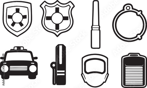 Collection of law enforcement and safety icons including shields police car badge and more