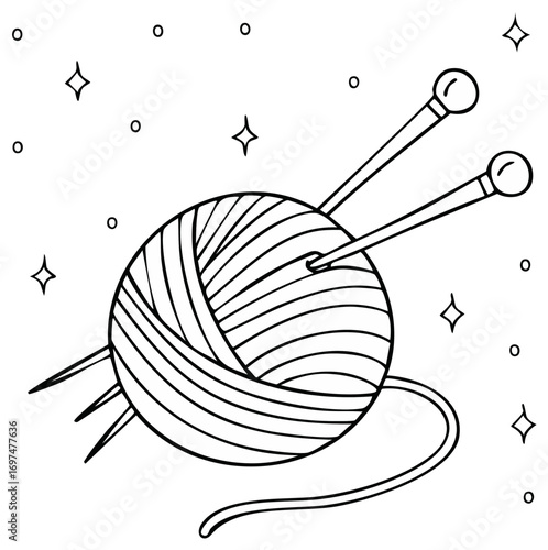 Simple outline yarn ball with knitting needles and stars illustration line art