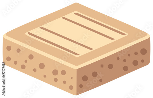 Isometric Sponge Cake Slice: Brown Edges, Cream Topping with Line Pattern