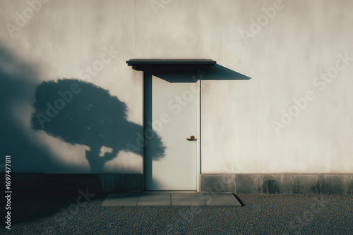 serene entrance featuring single japanese minimalismstyle door bathed in soft light