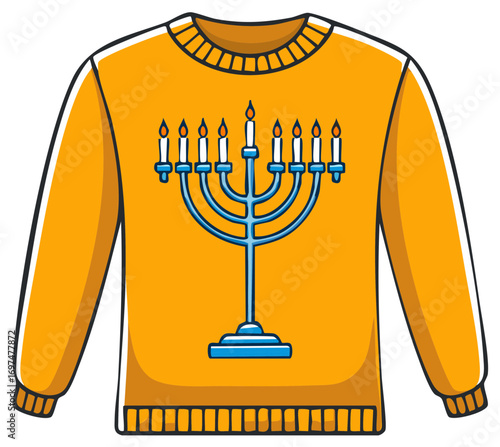 Yellow sweater with a blue menorah design, festive celebration clothing