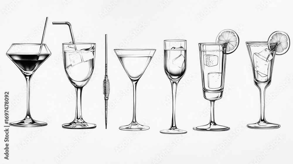 Obraz premium Luxurious drink collection showcases a variety of cocktails and beverages arranged on a white background