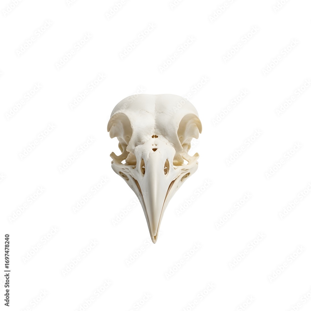 Naklejka premium Avian Skull Isolated on White: Detailed Anatomical Study of a Bird's Cranial Structure, Highlighting Nature's Delicate Design