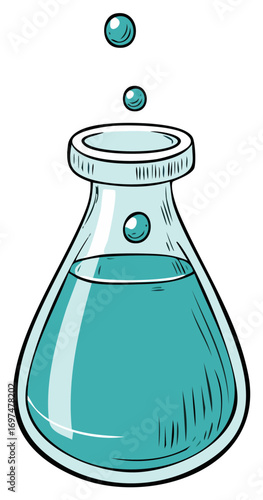 Laboratory Erlenmeyer flask with cyan water, illustration with drops, concept chemical or pharmacy