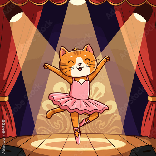 A joyful cat performing ballet on stage with spotlight, surrounded by velvet curtains and audience