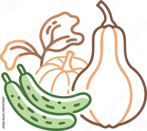 Organic farm style icon of bottle gourd and french bean, earthy tones, simple line art.