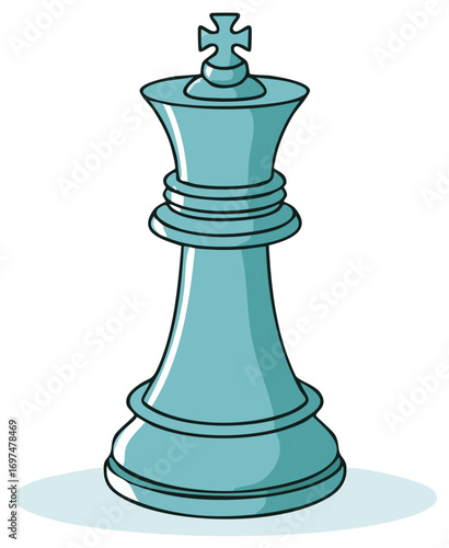 Single blue chess king piece isolated on white background with shadow