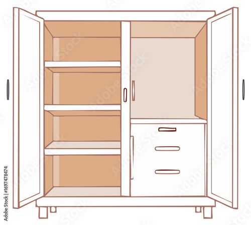 Clean minimalist open wooden cabinet with empty compartments and drawers for bedroom or home storage