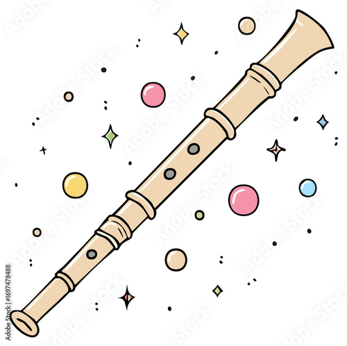Illustration of Recorder with Ornaments. Musical Instrument Concept, Flute Isolated on White