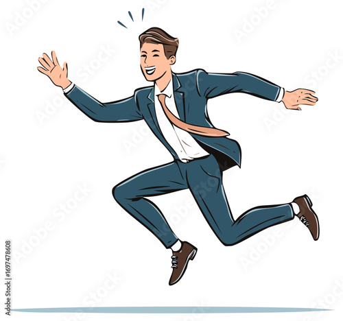 Businessman in suit with excited expression jumping and waving, cartoon illustration.