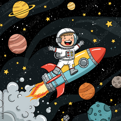 A joyful child in a spacesuit riding a colorful rocket through a vibrant space filled with planets