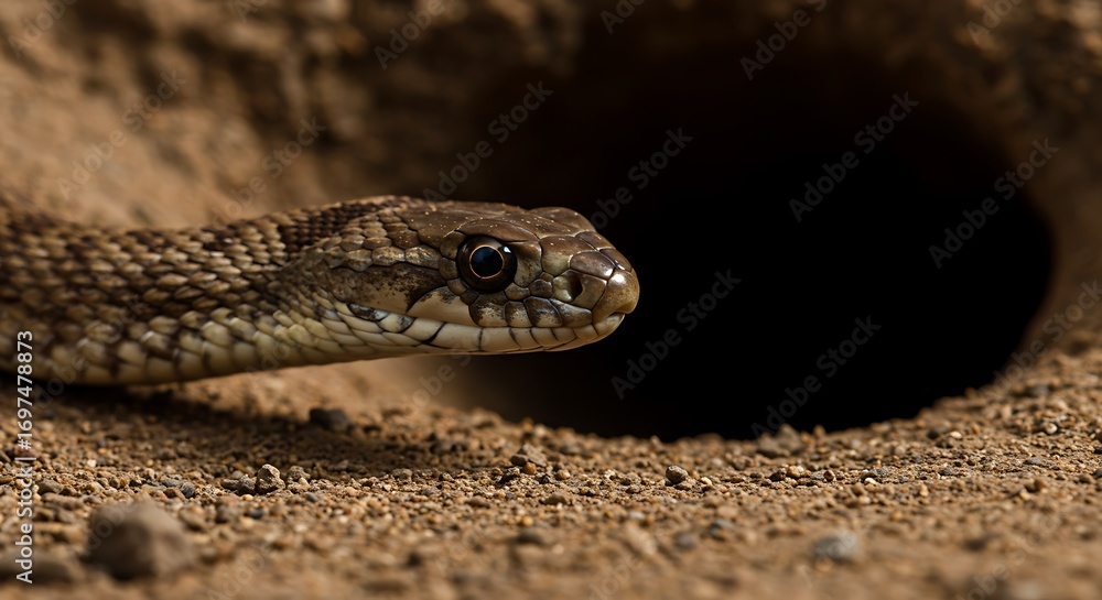 Obraz premium 砂漠の穴から顔を出すヘビ 低角度撮影による野生動物写真