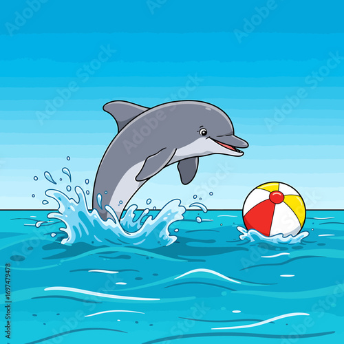 A playful dolphin jumps out of the ocean, splashing water while interacting with a colorful beach ball
