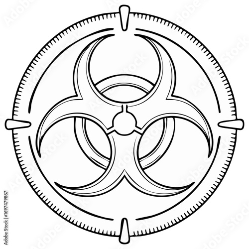 Biohazard symbol within a circular outline. Illustration of biological hazard. Protection concept.
