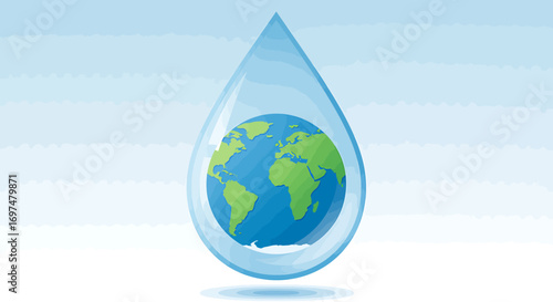 A stylized water droplet encapsulating the Earth, symbolizing environmental awareness and conservation