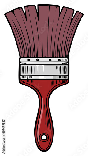 Illustration of a red handled brush with burgundy bristles for painting projects