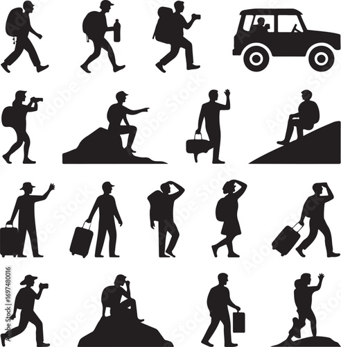 Silhouette Figures of Travelers and Hikers with Luggage and Gear Keywords: travel, adventure