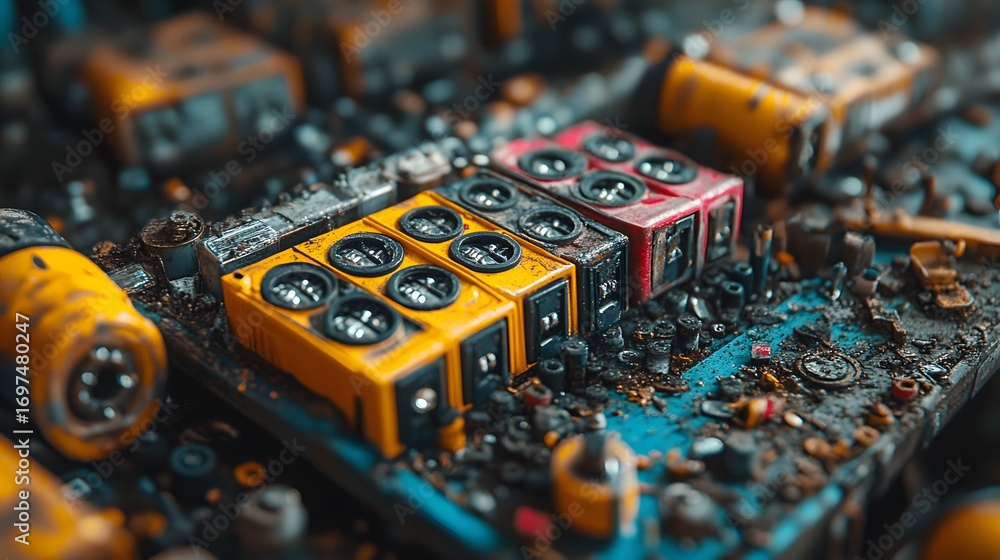 Fototapeta premium Close-up of discarded electronic components reveals technological waste. Vibrant yellow and red blocks contrast with the debris, emphasizing recycling's importance. Recycle waste background