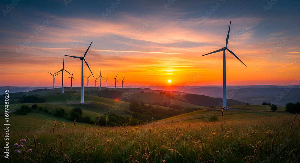 Obraz premium Wind Turbines on Hilly Landscape at Sunrise